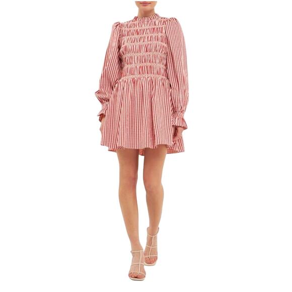 English Factory Burnt Red Long Sleeve Gingham Smocked Mini Dress Size Small - Picture 1 of 8